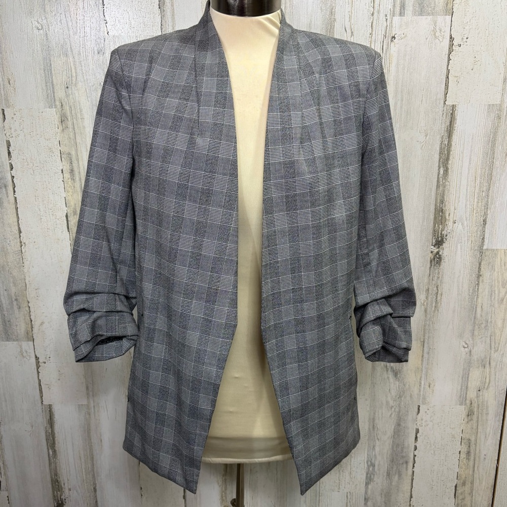 Kenneth Cole New York Gray‎ Plaid Open Front Blazer